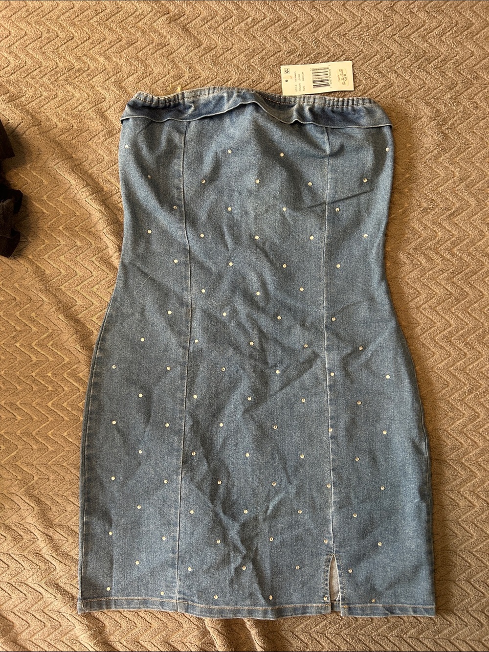 Strapless Light Blue Denim Dress with Stud Accents